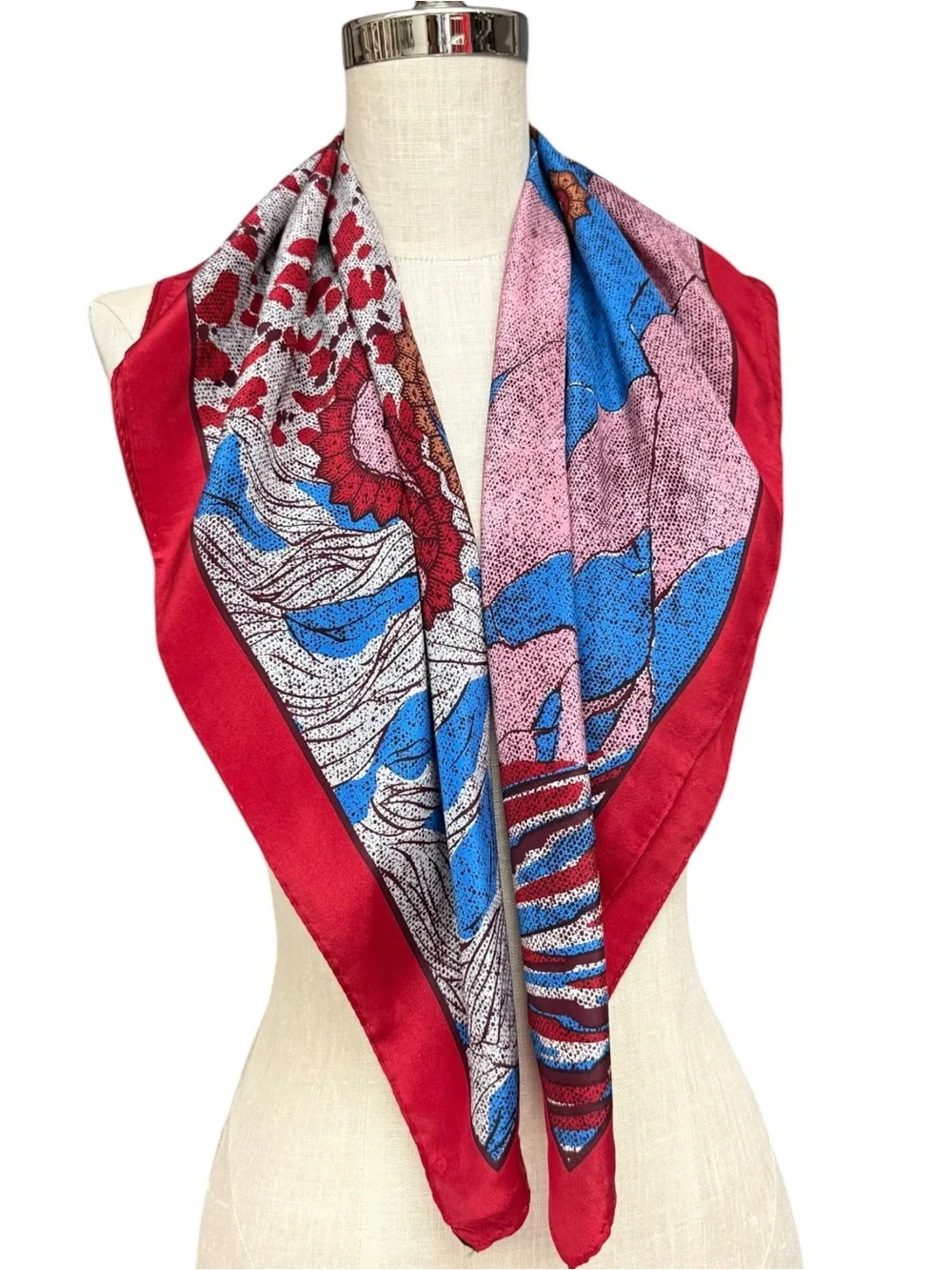 Lanvin Paris 100% Silk Italy Abstract Paisley Print Square Scarf Red Blue 30x29